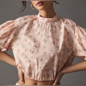 Anthropologie Cropped Bubble Puff Sleeve Pink Ditsy Floral Cinch Open Blouse Top